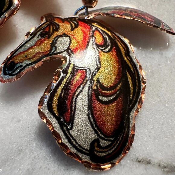 Handmade Boho Copper Feather Estuarian Horse‎ Wire Drop Earrings, Gift Box - Picture 3 of 9